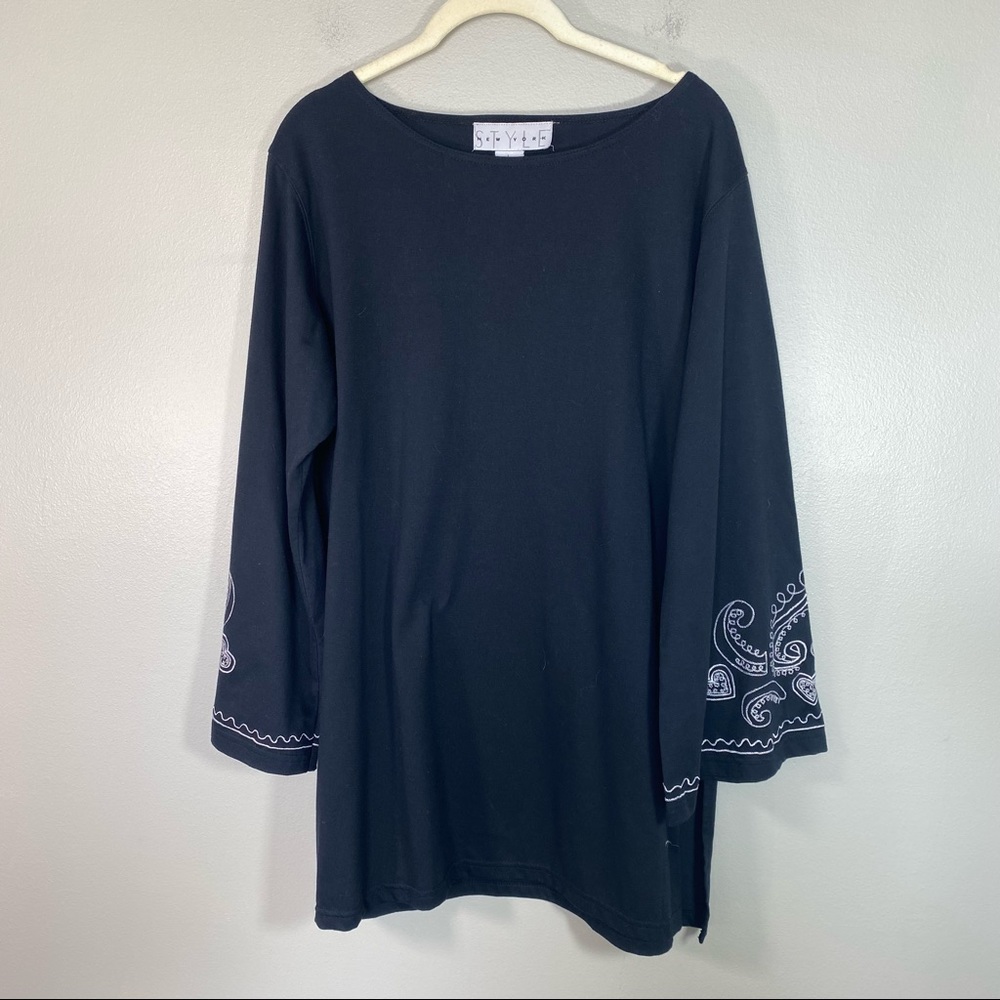 Style New York | Black Boho Embroidered Bell Sleeve Cotton Blend Tunic